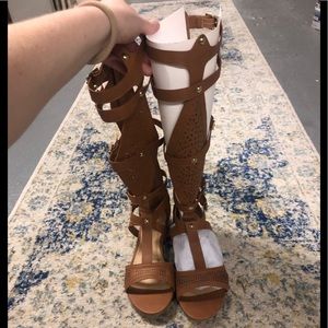 Brown knee high gladiator sandal